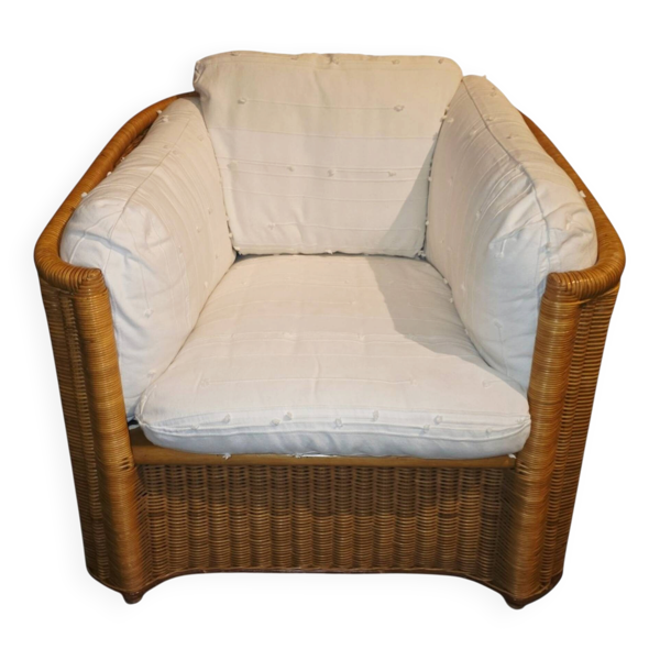 Fauteuil club en rotin & osier tressé – Fabrication Française 70s