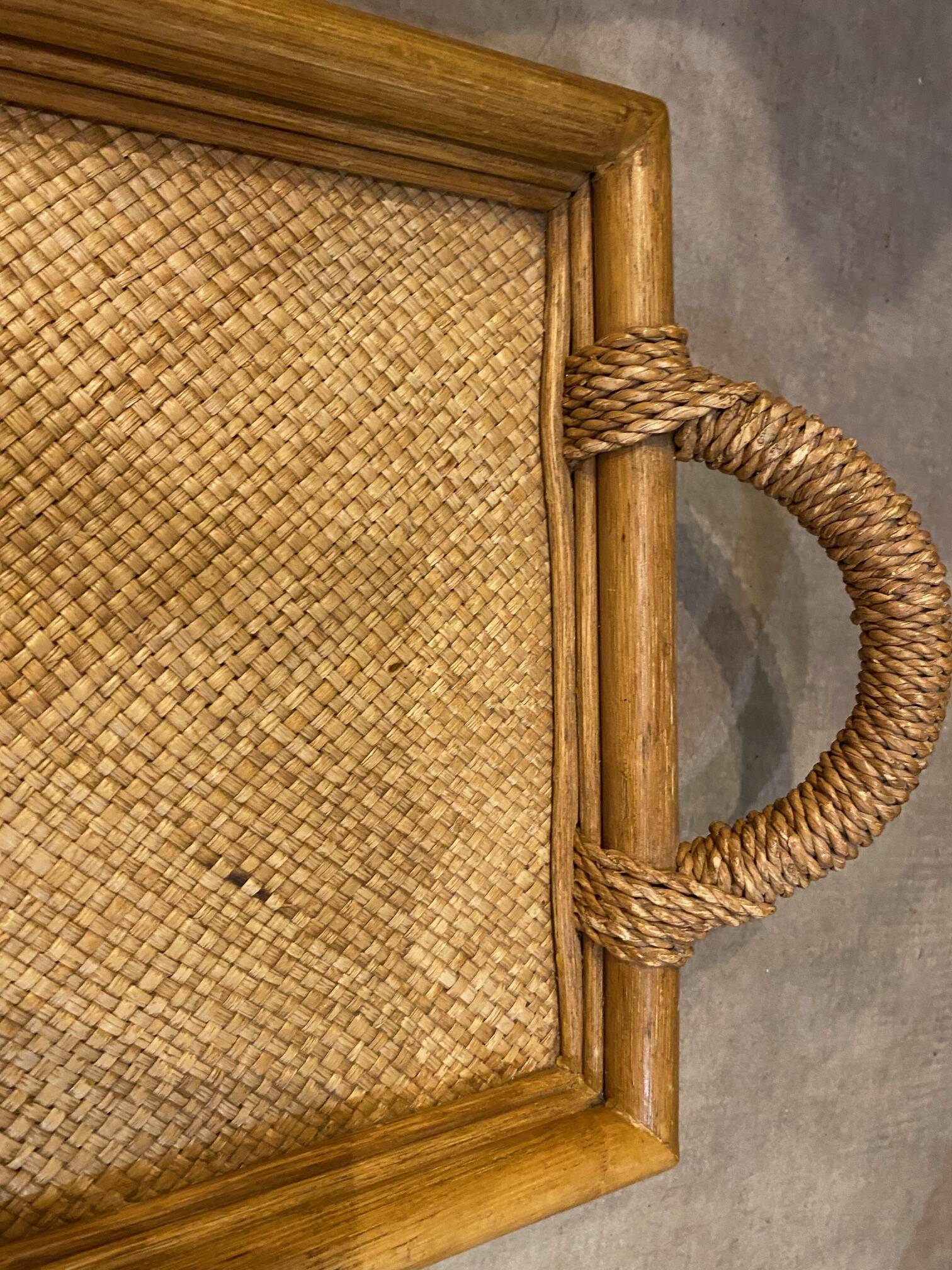 Rectangular rattan and weaved mat tray with double handles