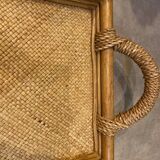 Rectangular rattan and weaved mat tray with double handles