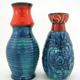 2 red and blue ceramic vases - Bodo Mans Bay Keramik - West Germany Pottery - vintage 60s