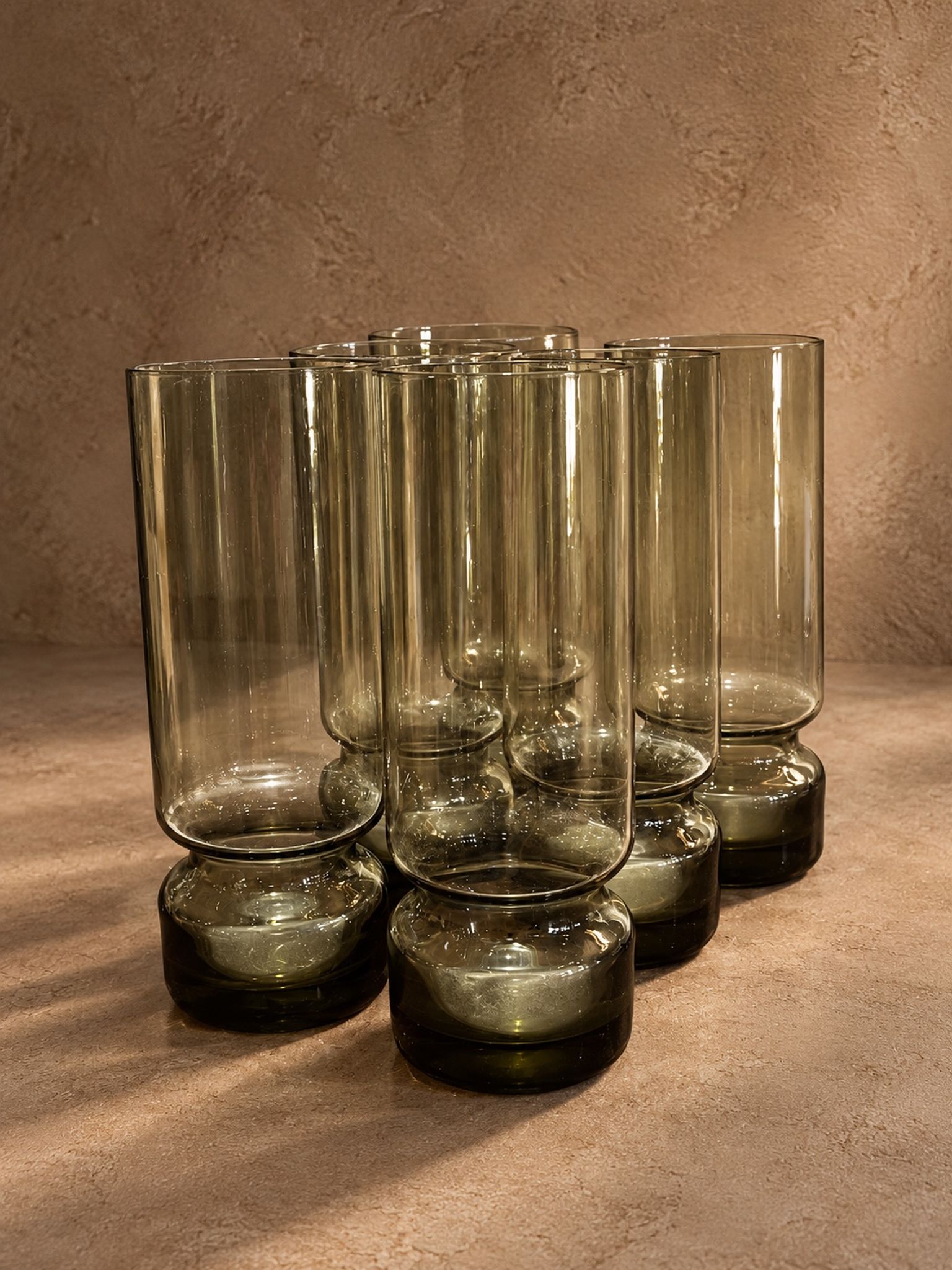Vintage service in olive green tinted glass, Czechoslovakia, circa 1970.