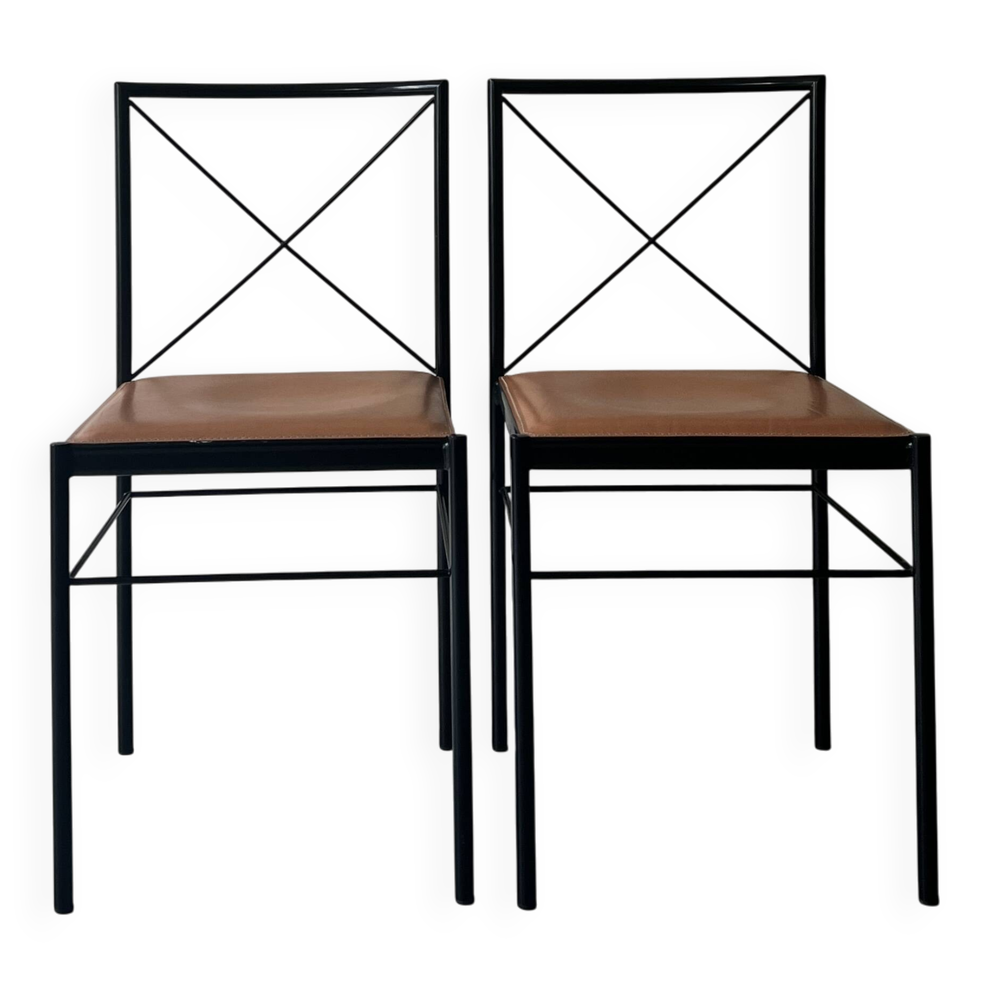 Set of 2 designer chairs in metal and cognac leather, Arrben Italy