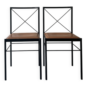 Set of 2 designer chairs in metal and cognac leather, Arrben Italy