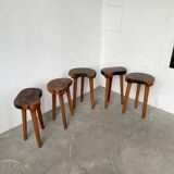 Set of 5 olive tree tripod stools from the 50s