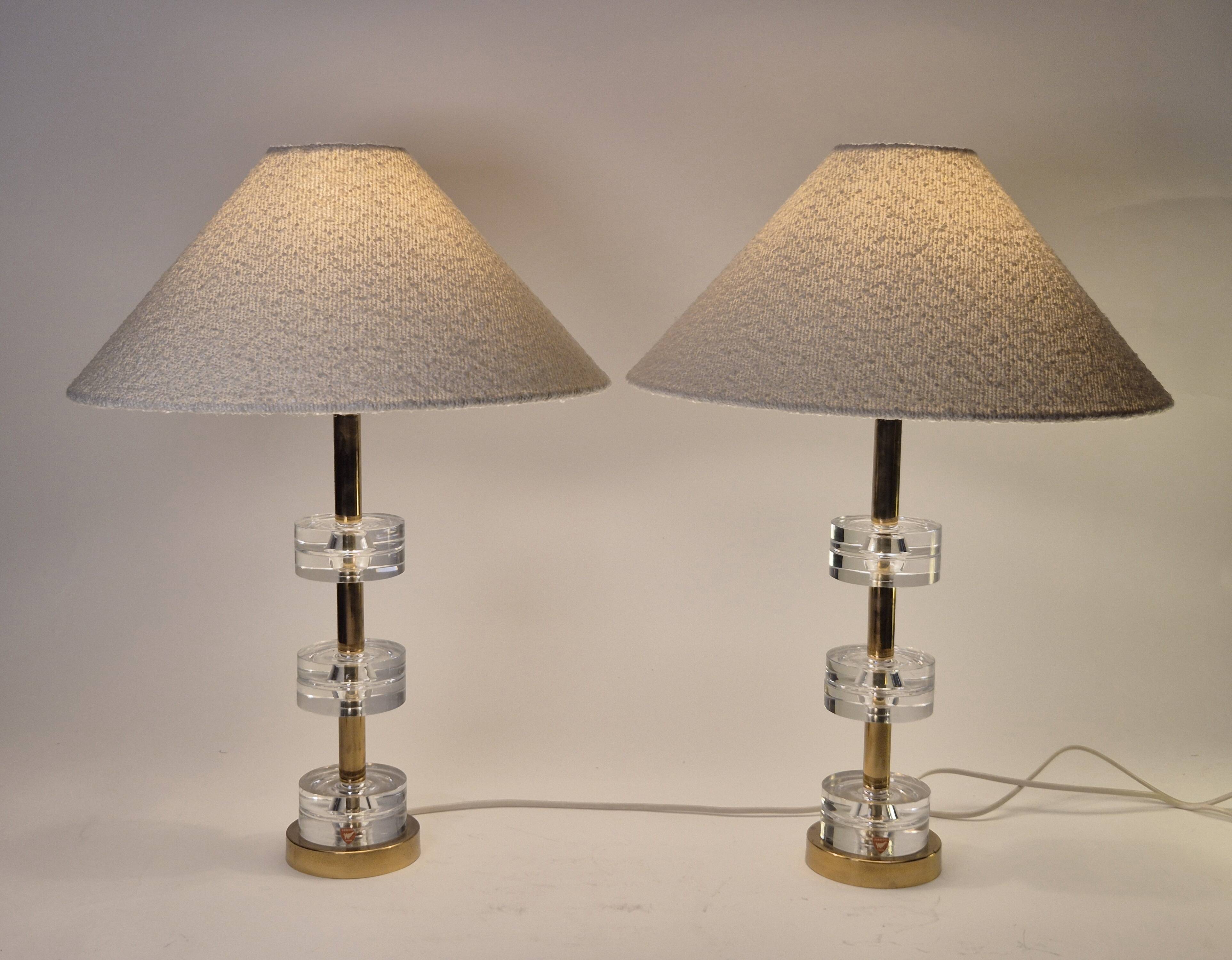 Timeless pair of Scandinavian Modern table lamps with Orrefors glass and brass