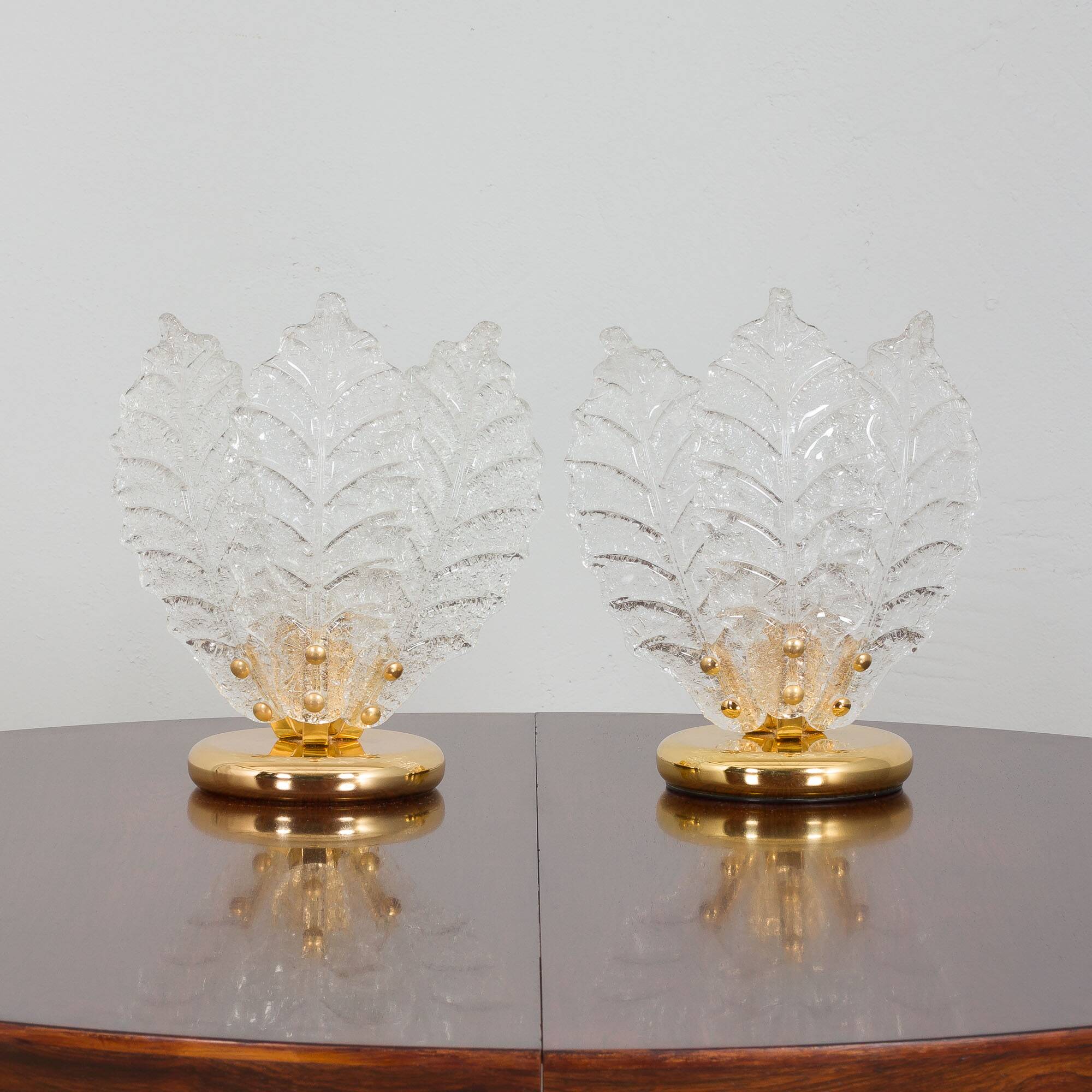Pair of Italian brass and Murano glass leaf shaped table lamps