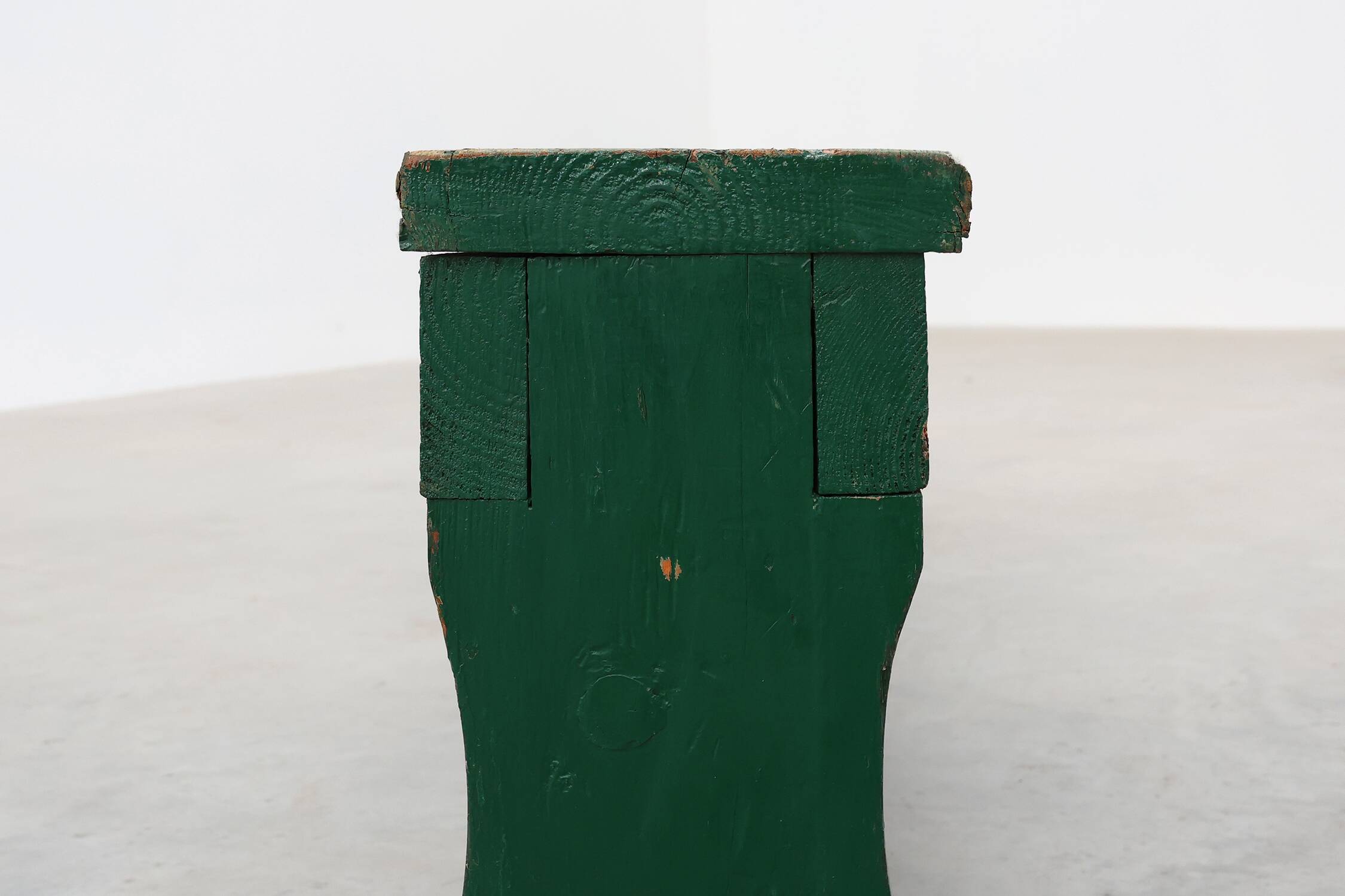 Rustic primitive green farmhouse bench in solid oak, France ca. 1900