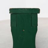 Rustic primitive green farmhouse bench in solid oak, France ca. 1900