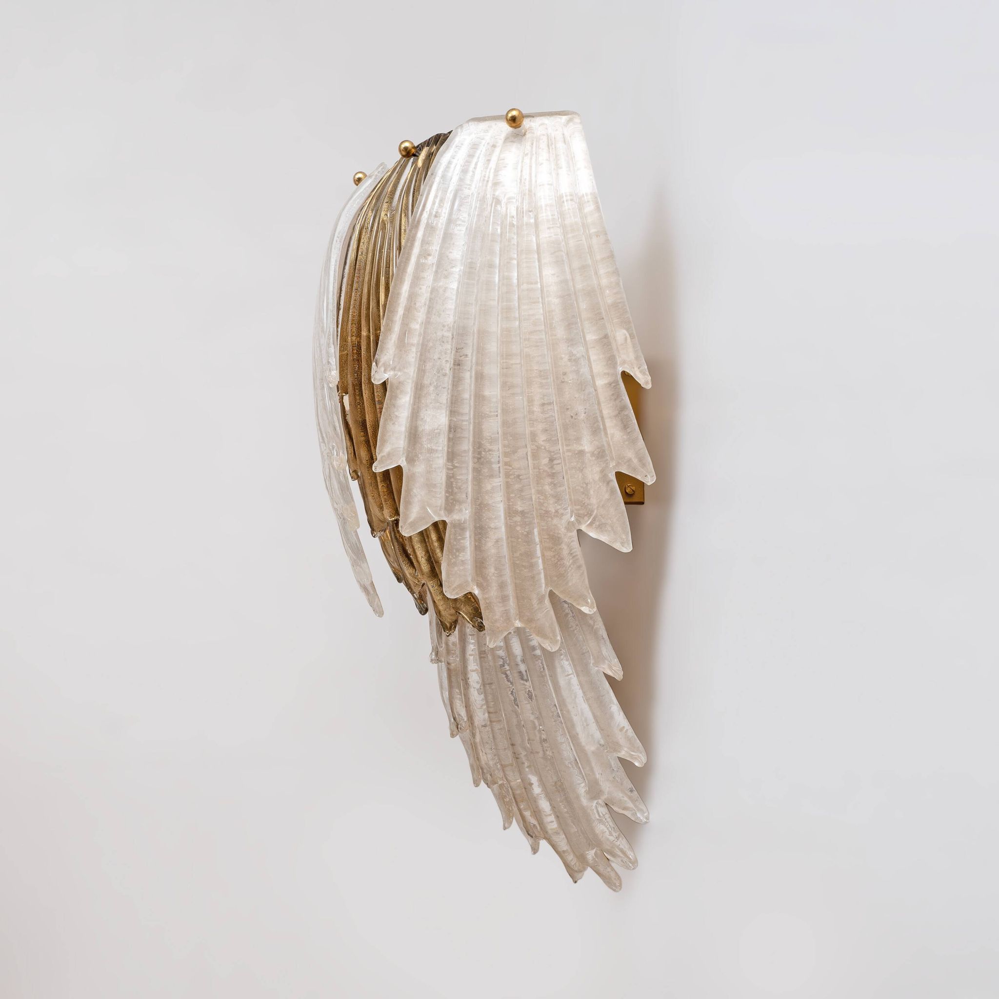 Italian Art Deco Style Murano Glass and Brass Leaf Wall Sconces, Pair