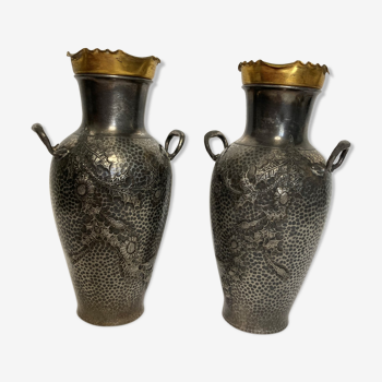Art Nouveau pair of tin vases decoration thistle galuchat around 1900