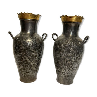 Art Nouveau pair of tin vases decoration thistle galuchat around 1900