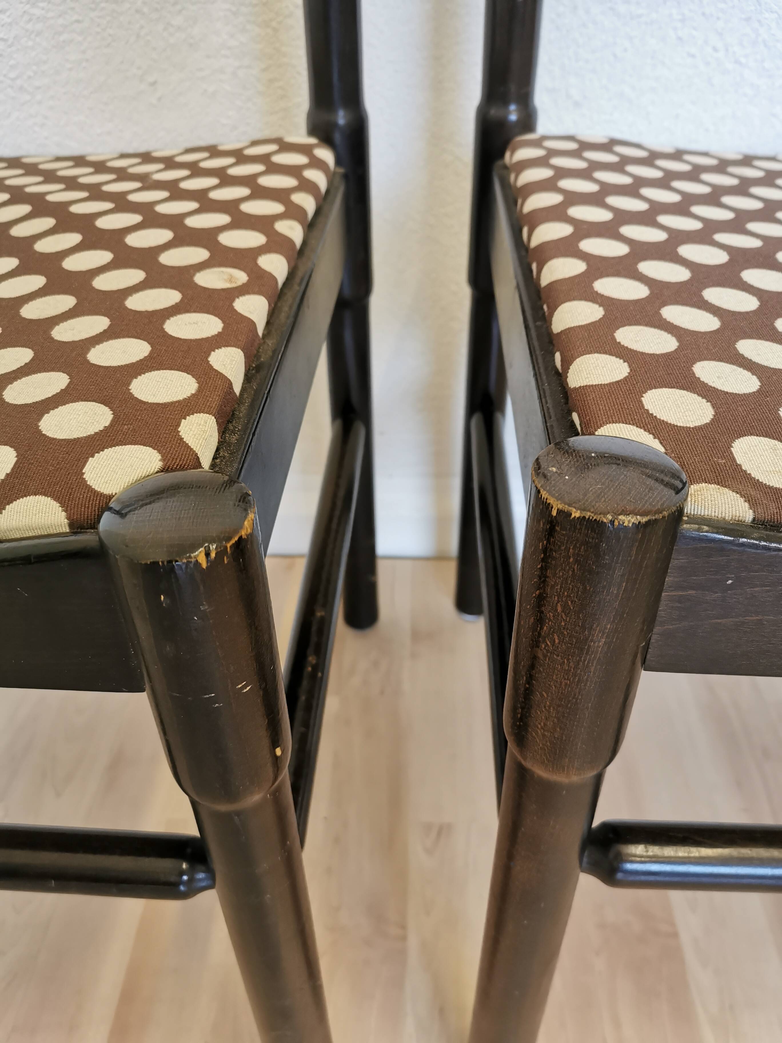 Set of 2 Vintage Wooden Dining Chairs: Brown & White Polka Dot Fabric 80s