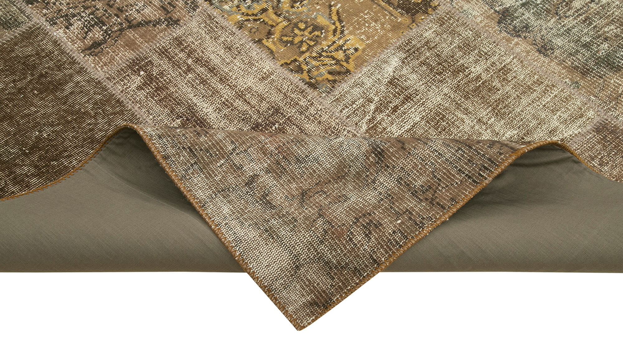 Hand-knotted turkish vintage 198 cm x 300 cm brown patchwork carpet