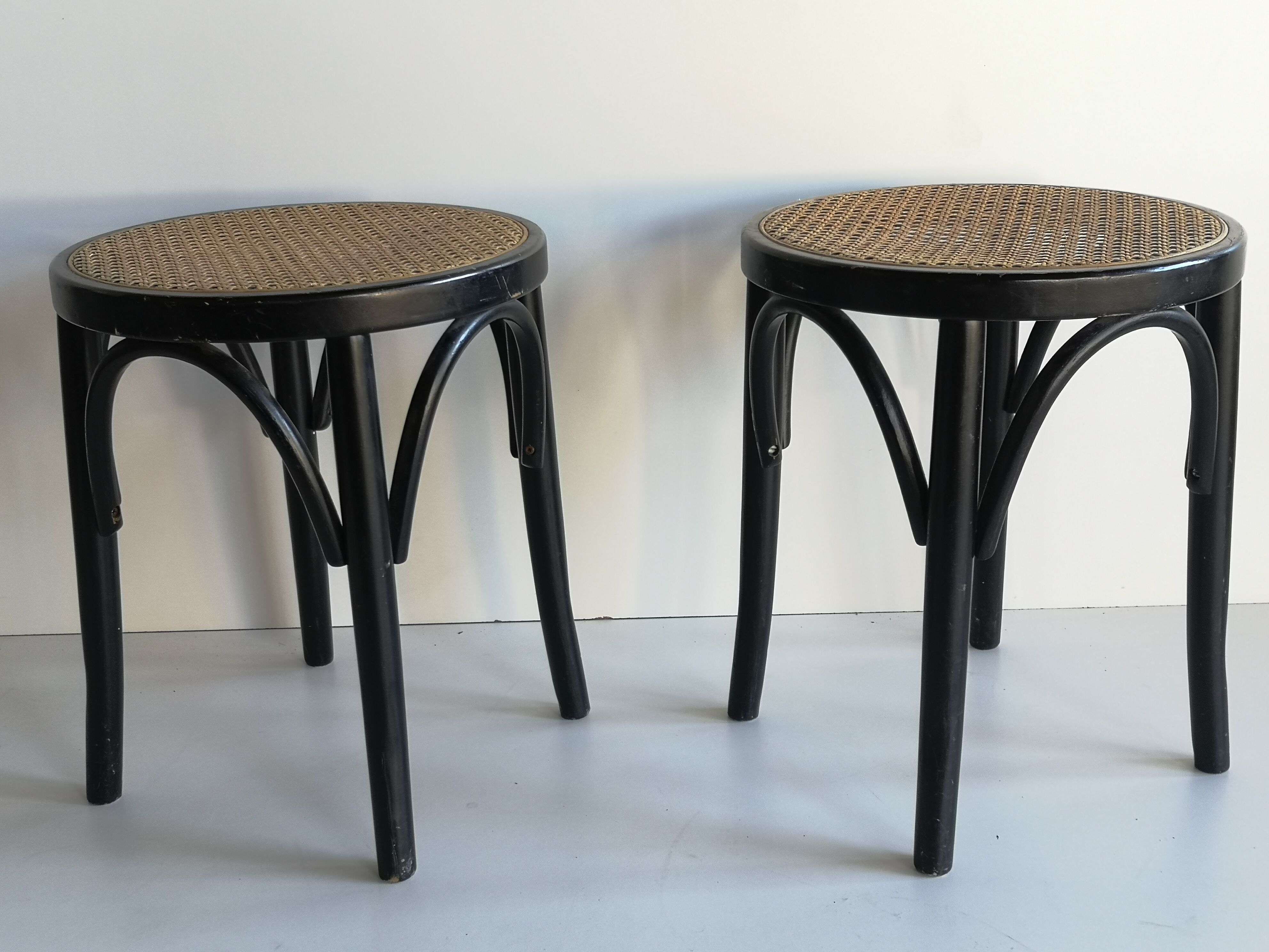 pair of cannage stool and 1940s curved wood