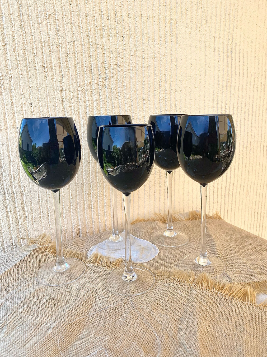 Footed glasses in blown purple bubble glass, Murano style.