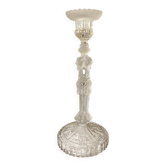 Tall molded glass candle holder with ram heads