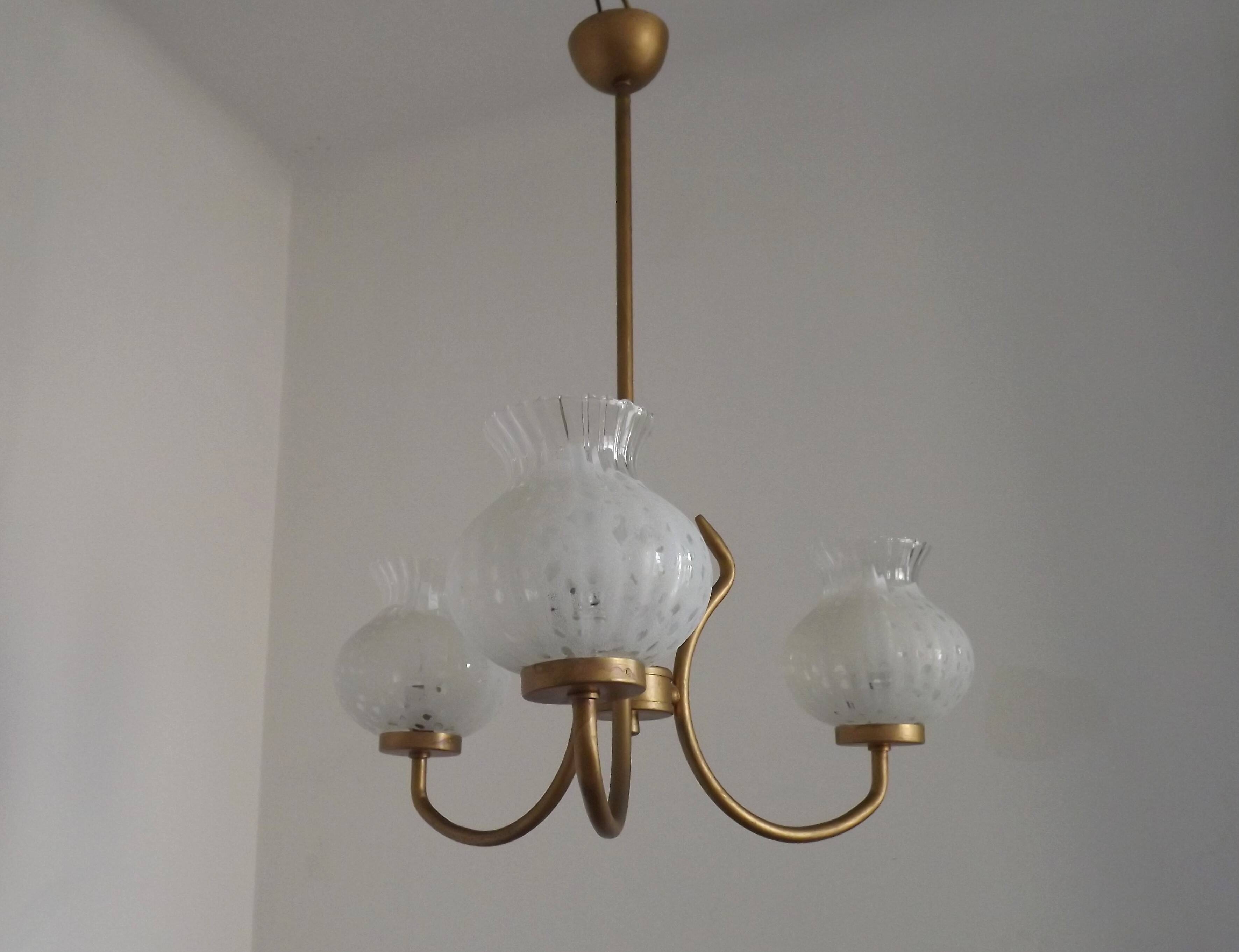 French Mid Century 3 Light Gold Metal Chandelier Textured Glass Shades