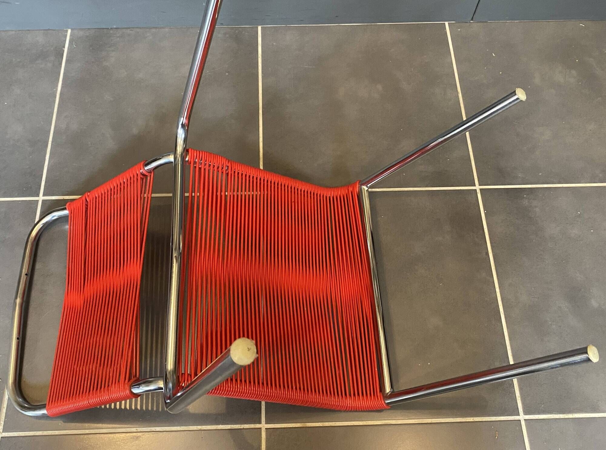 Scoubidou chair or vintage 1960 red chrome spaghetti chair