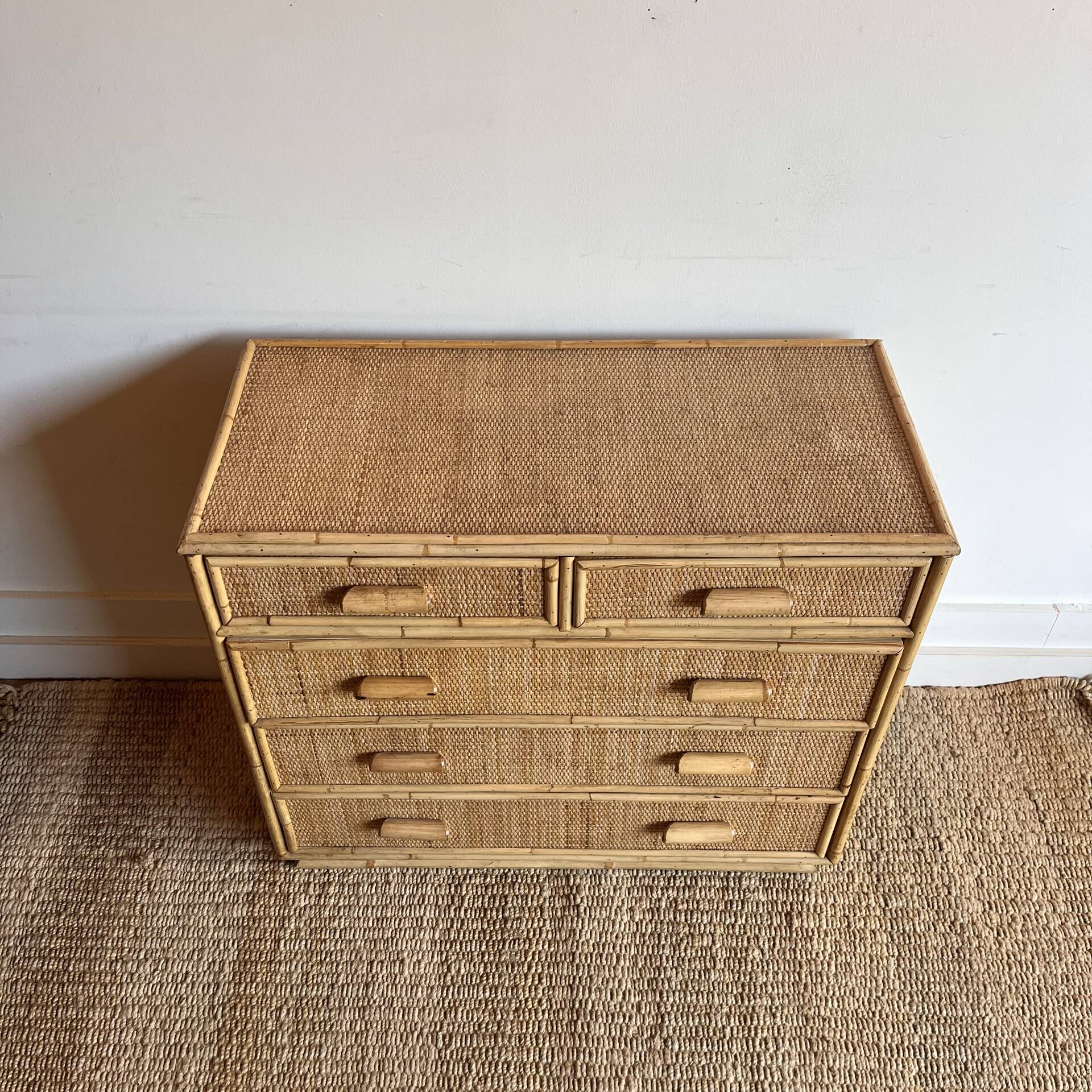 Vintage woven rattan bamboo chest of drawers