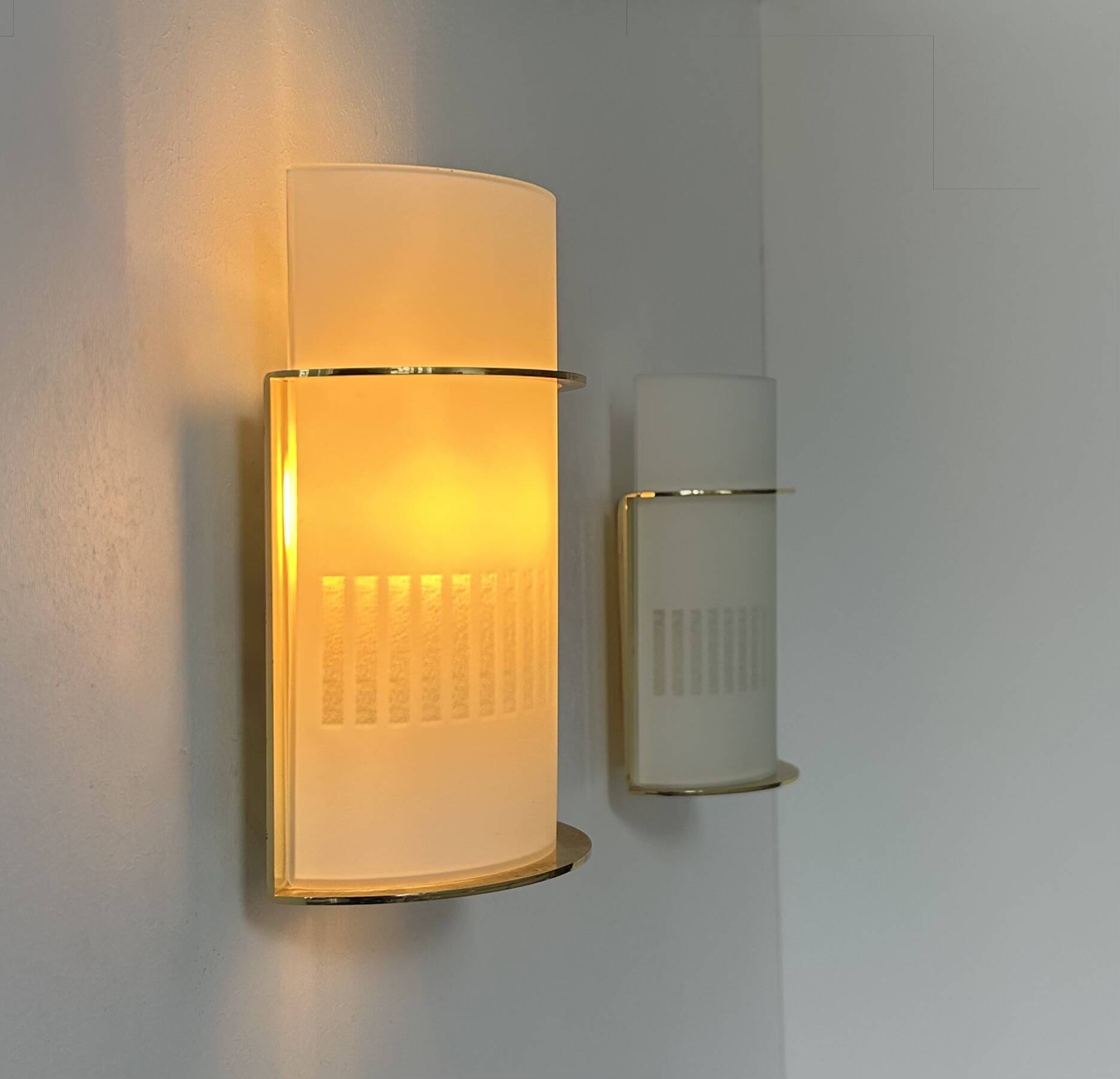 Pair of vintage brass and sandblasted glass wall lights, France 1970