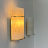 Pair of vintage brass and sandblasted glass wall lights, France 1970