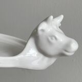 White porcelain cheese dish with handle and cow's head