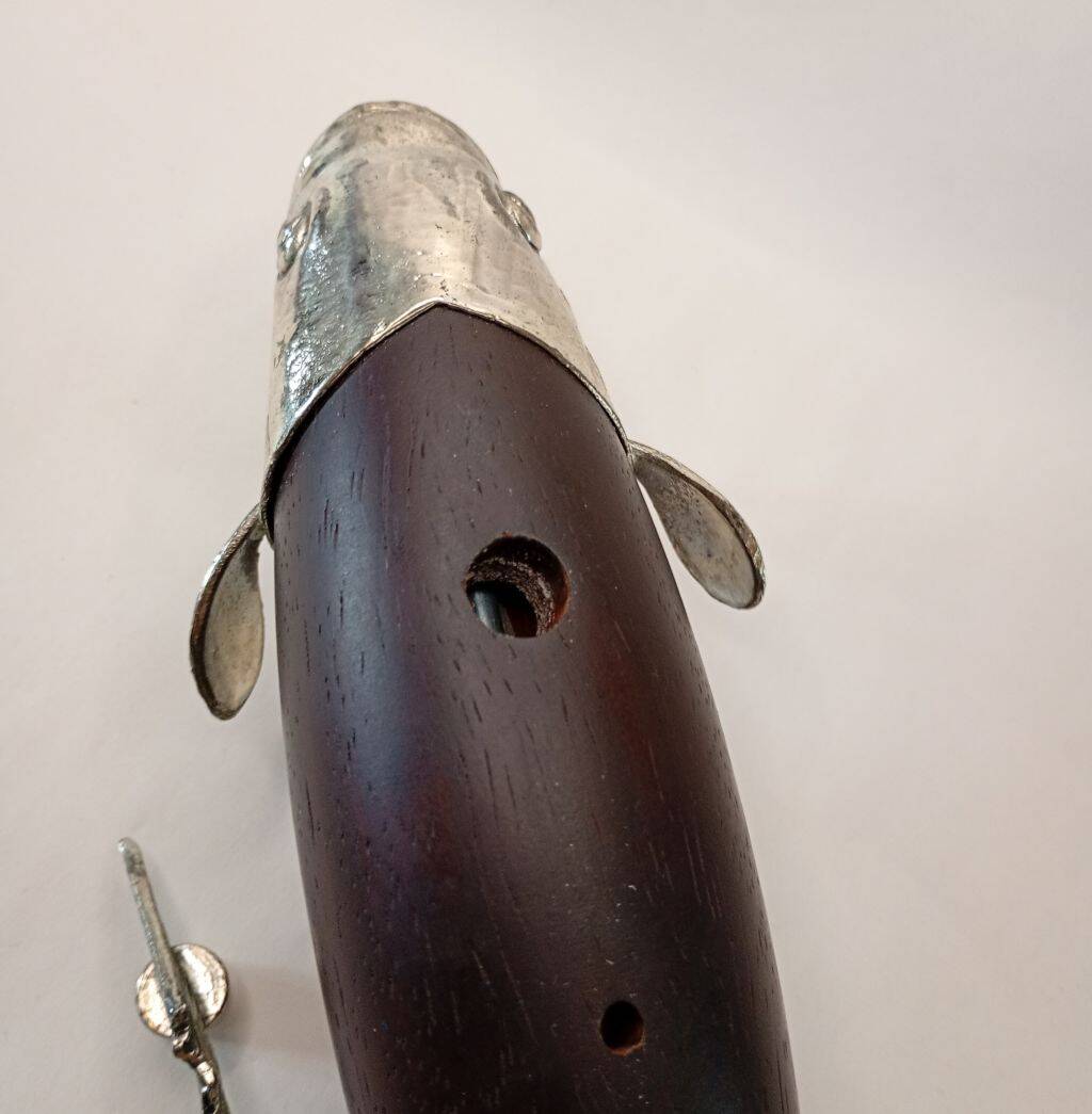 Italian Tre Spade Fish Shaped Rose Wood & Silverplate Pepper Mill or Grinde