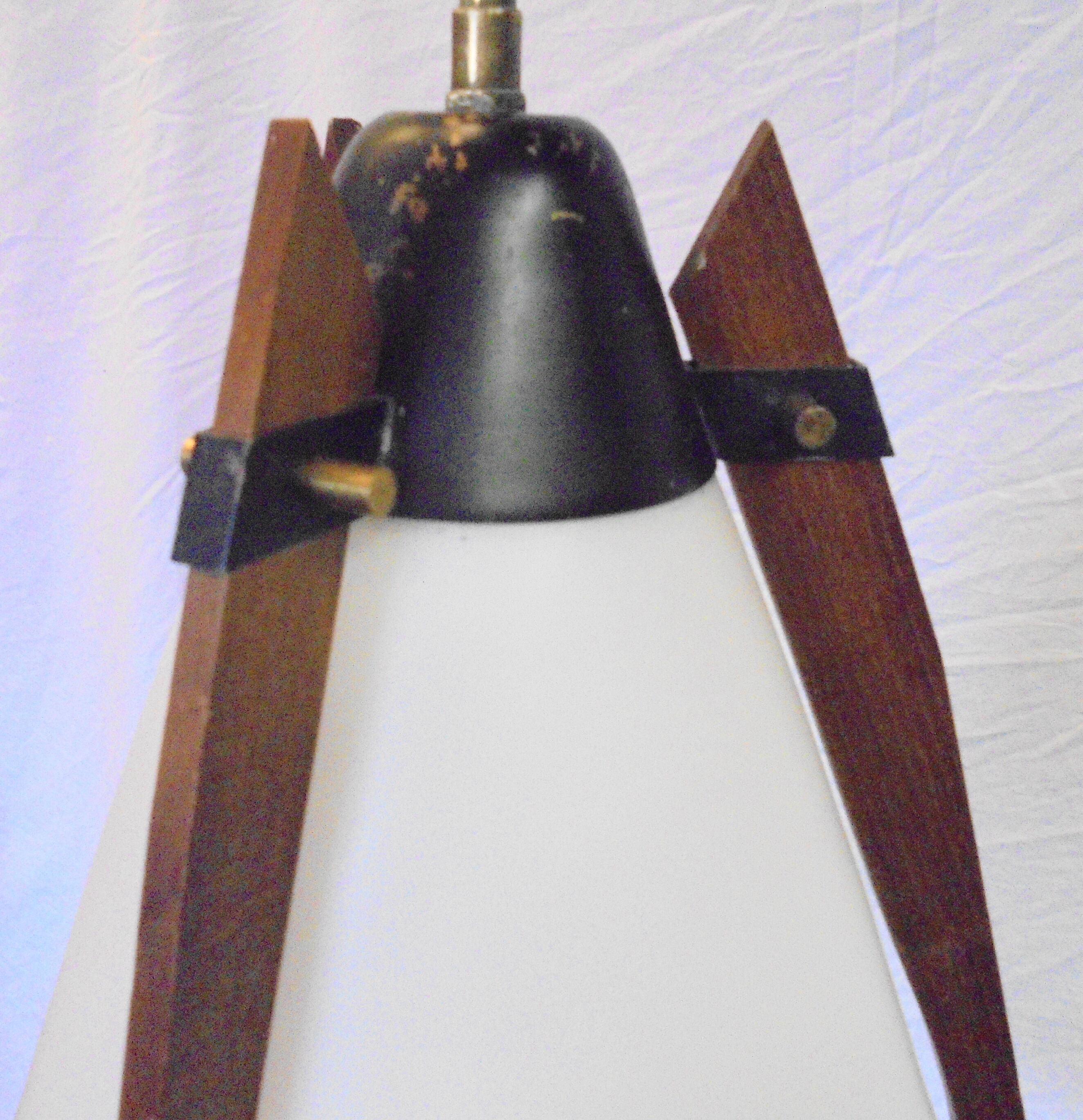 Italian hanging lamp in brass opaline and teak from the 70s