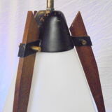 Italian hanging lamp in brass opaline and teak from the 70s