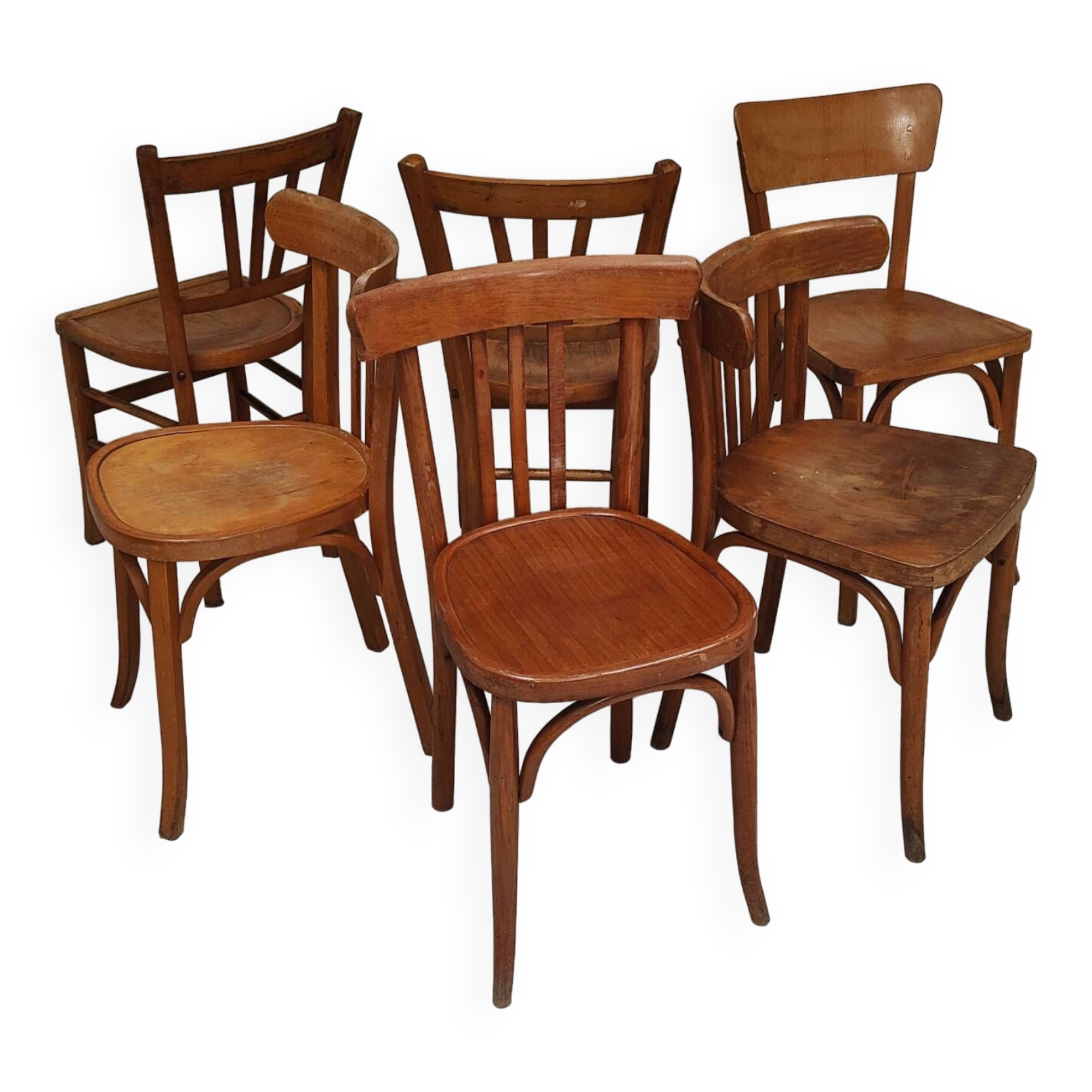 Set of 6 mismatched blond wood bistro chairs