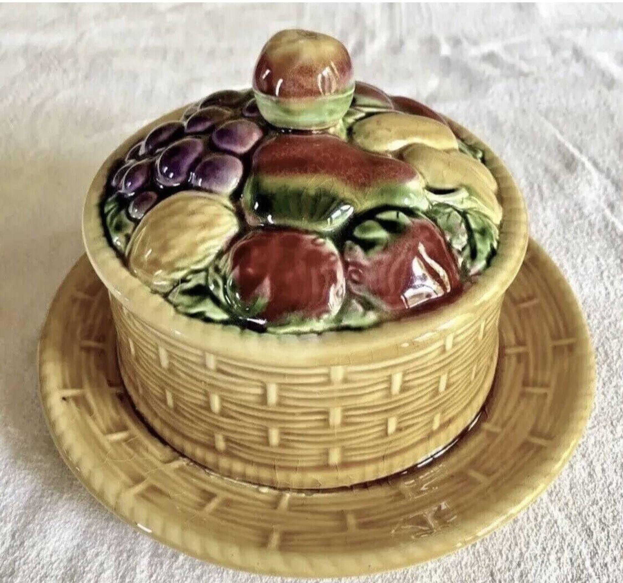 assiette montée plat à gâteaux fruits barbotine Sarreguemines