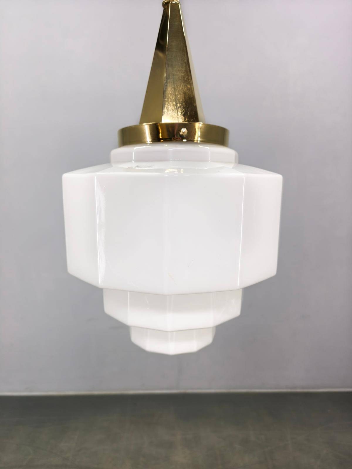 Art Deco Brass Pendant with Geometric Opaline Glass, Czechoslovakia 1930s