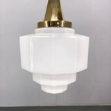 Art Deco Brass Pendant with Geometric Opaline Glass, Czechoslovakia 1930s