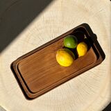 Trio of rounded rectangular trays or cups in monoxyl teak L:35