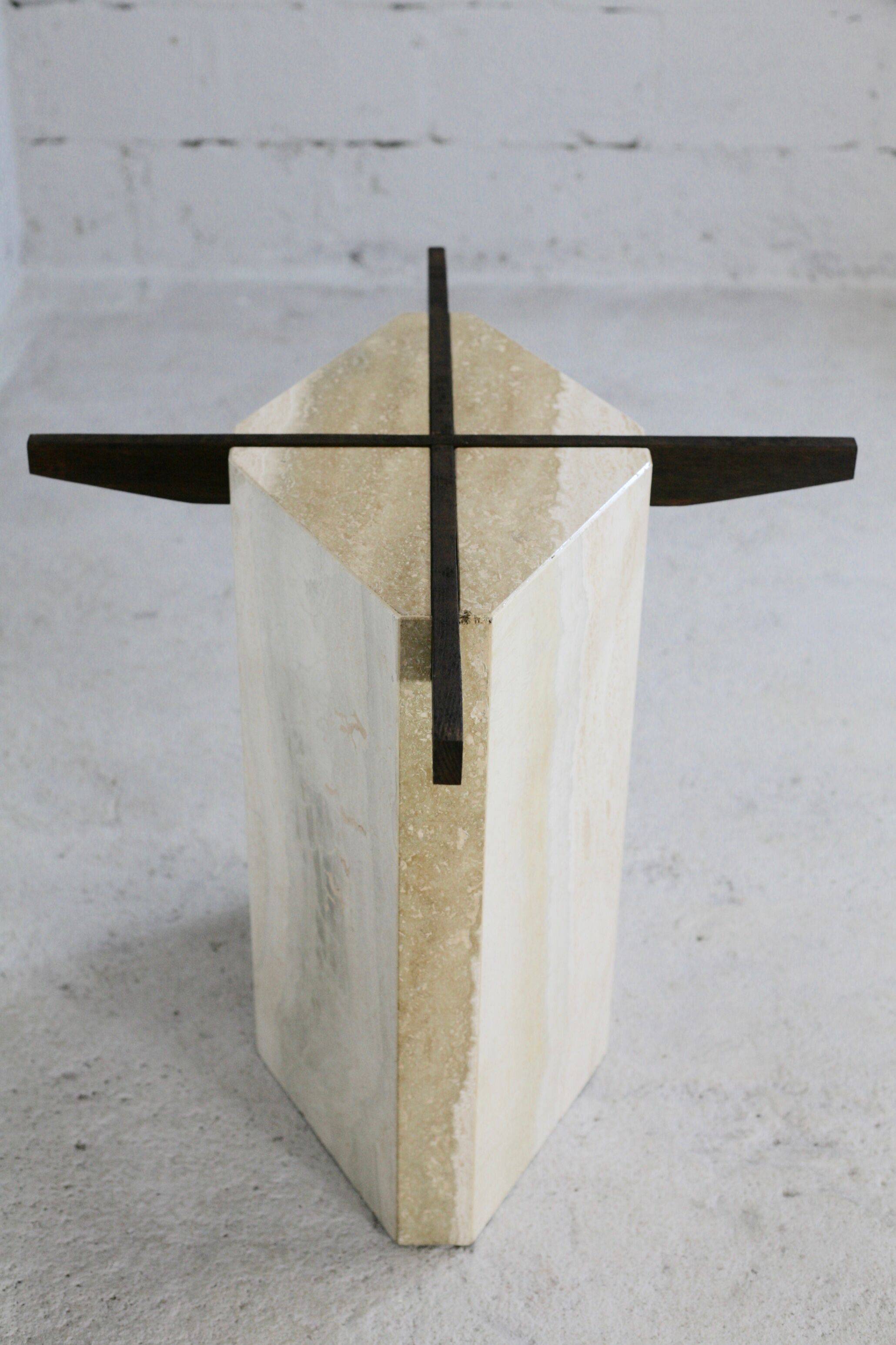 Living table, Comblanchian stone base and elliptical tray in smoked glass, Italy, 1970