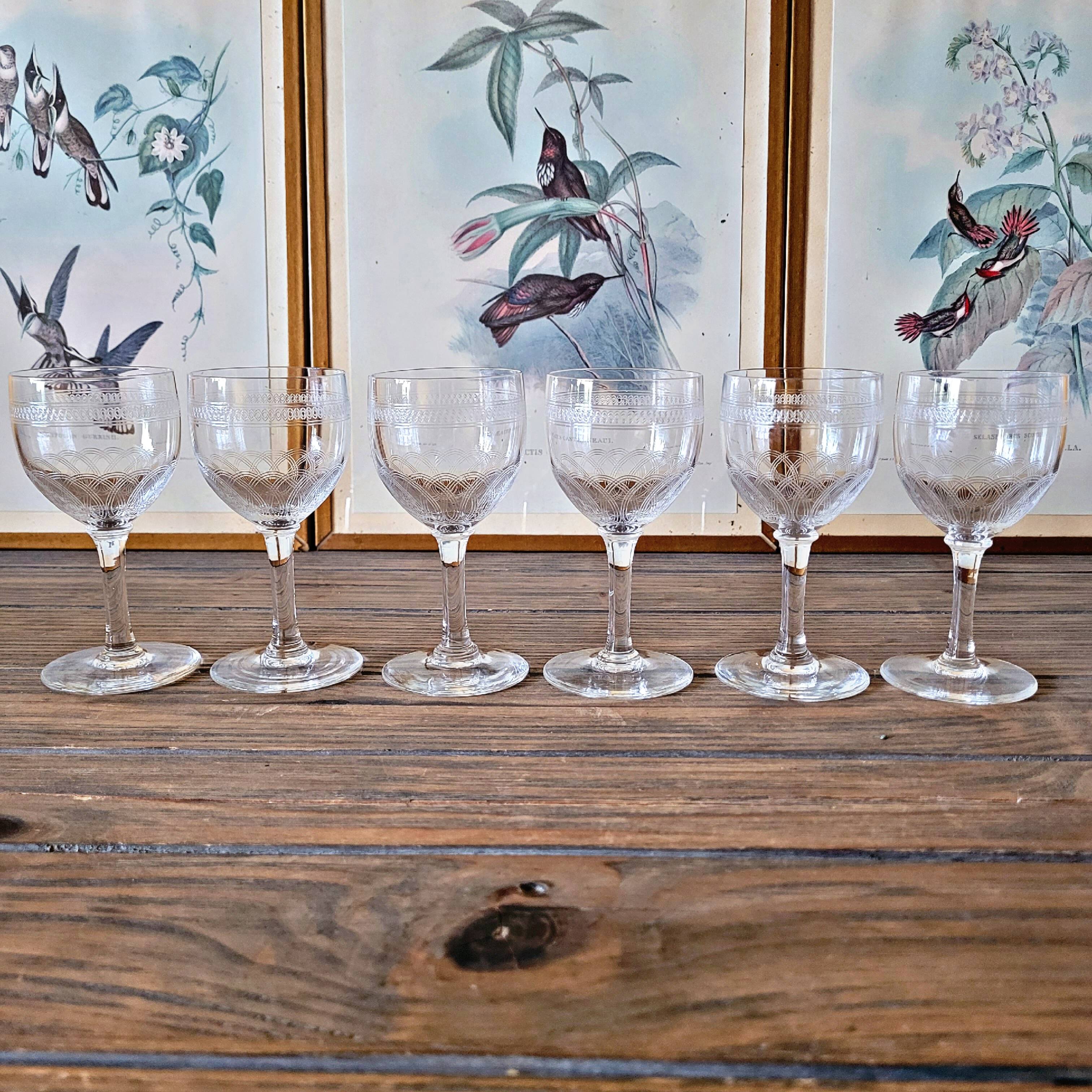 Verres à vin blanc ou liqueur en cristal ancien guilloché, fin 19ème début 20ème  (lot de 6)