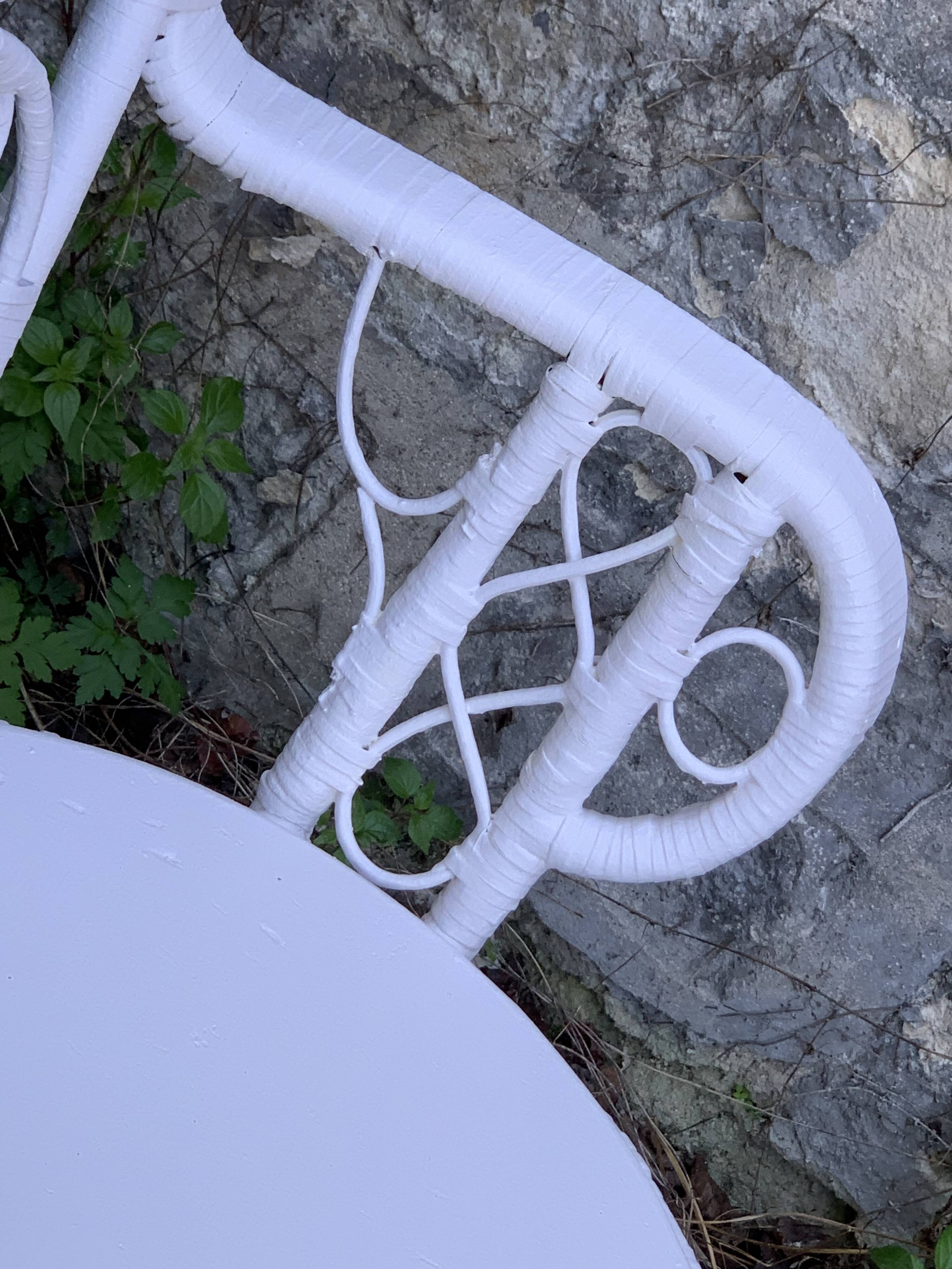 Peacock armchair and chair in white rattan, 1970