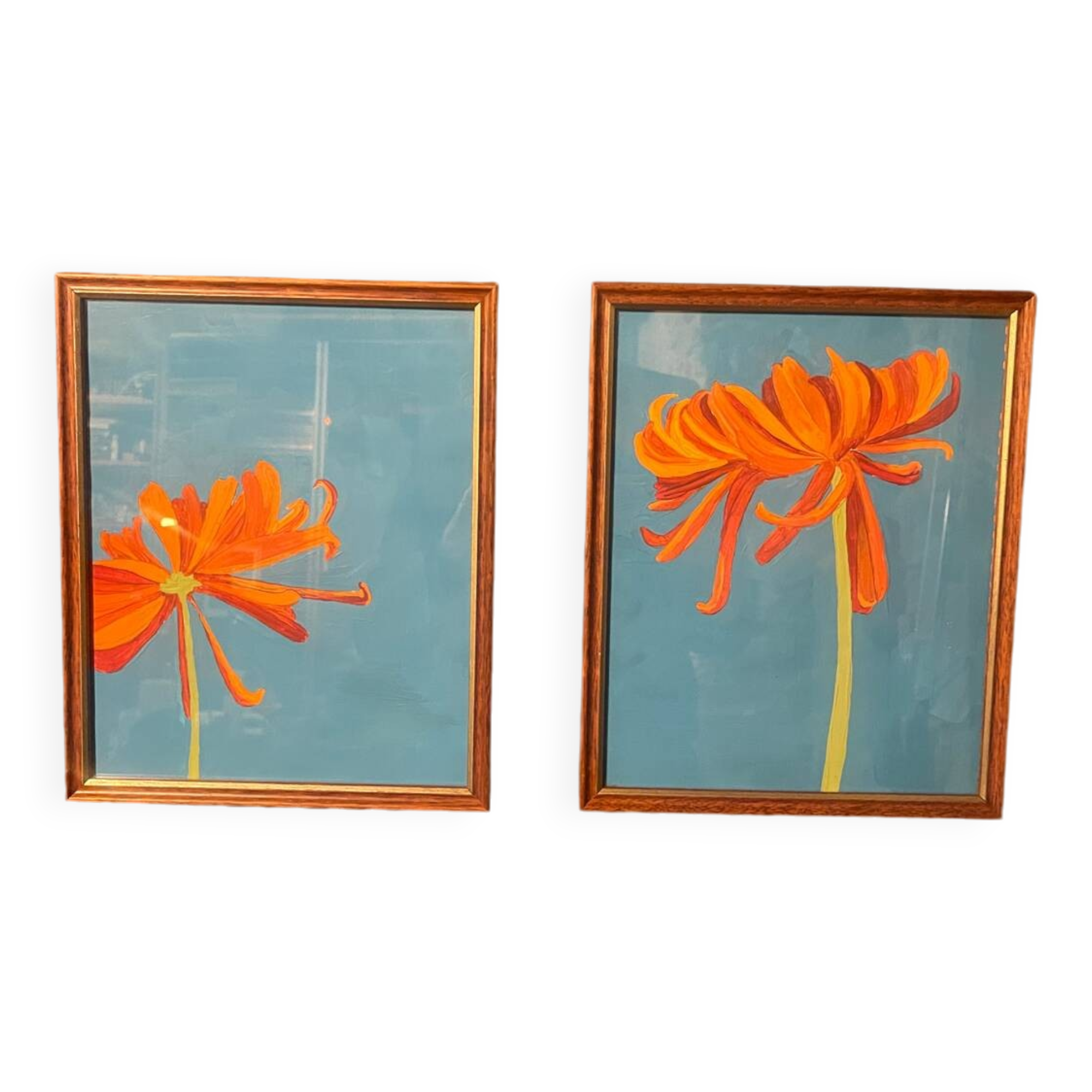 2 paintings of orange dahlias in antique wooden frames