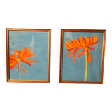 2 peintures de dahlias oranges dans cadres antiques en bois