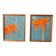 2 paintings of orange dahlias in antique wooden frames