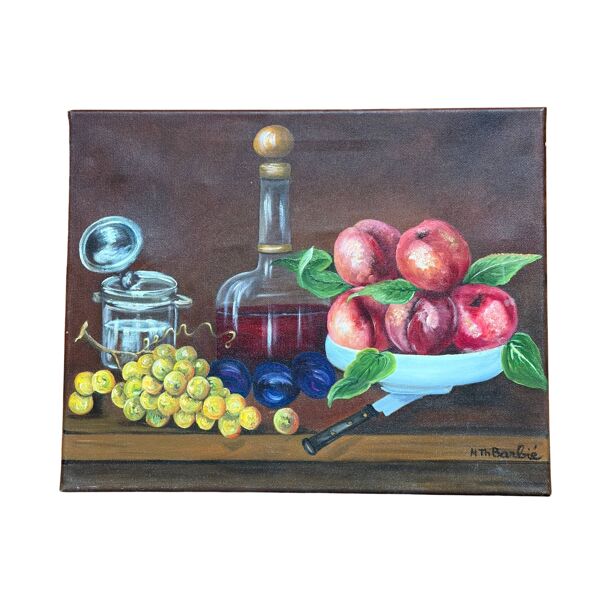 Tableau Nature Morte Pêches & Raisins Huile sur Toile Signé M.TH. Barbié
