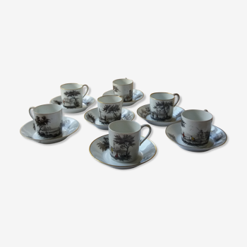 Lot de 7 tasses à café forme litron et leurs soucoupes à décor de grisaille peintes main