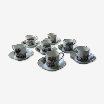 Lot of 7 litron-shaped coffee cups and their hand-painted grey saucers
