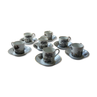 Lot of 7 litron-shaped coffee cups and their hand-painted grey saucers