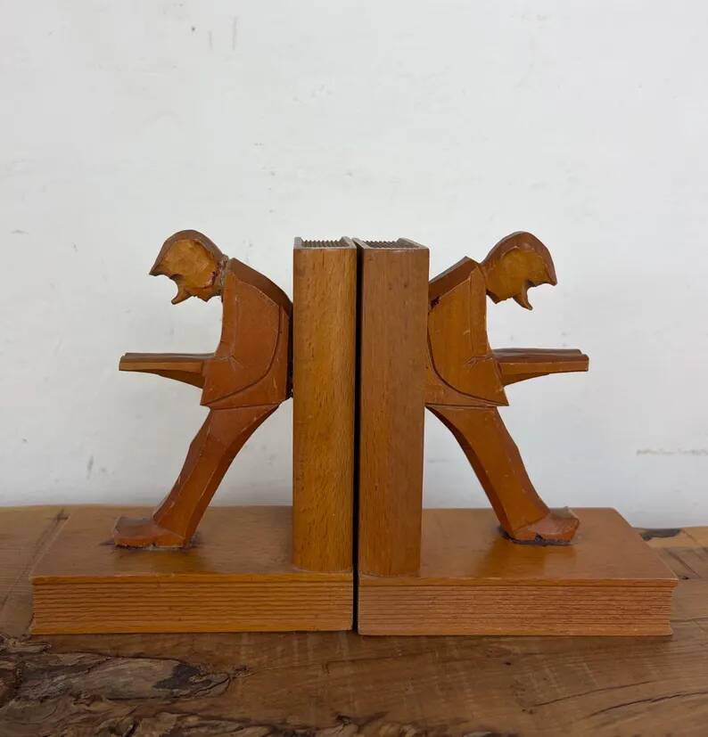 Vintage Mid-Century Cubist German Carved Wood Bookends – Art Deco Style