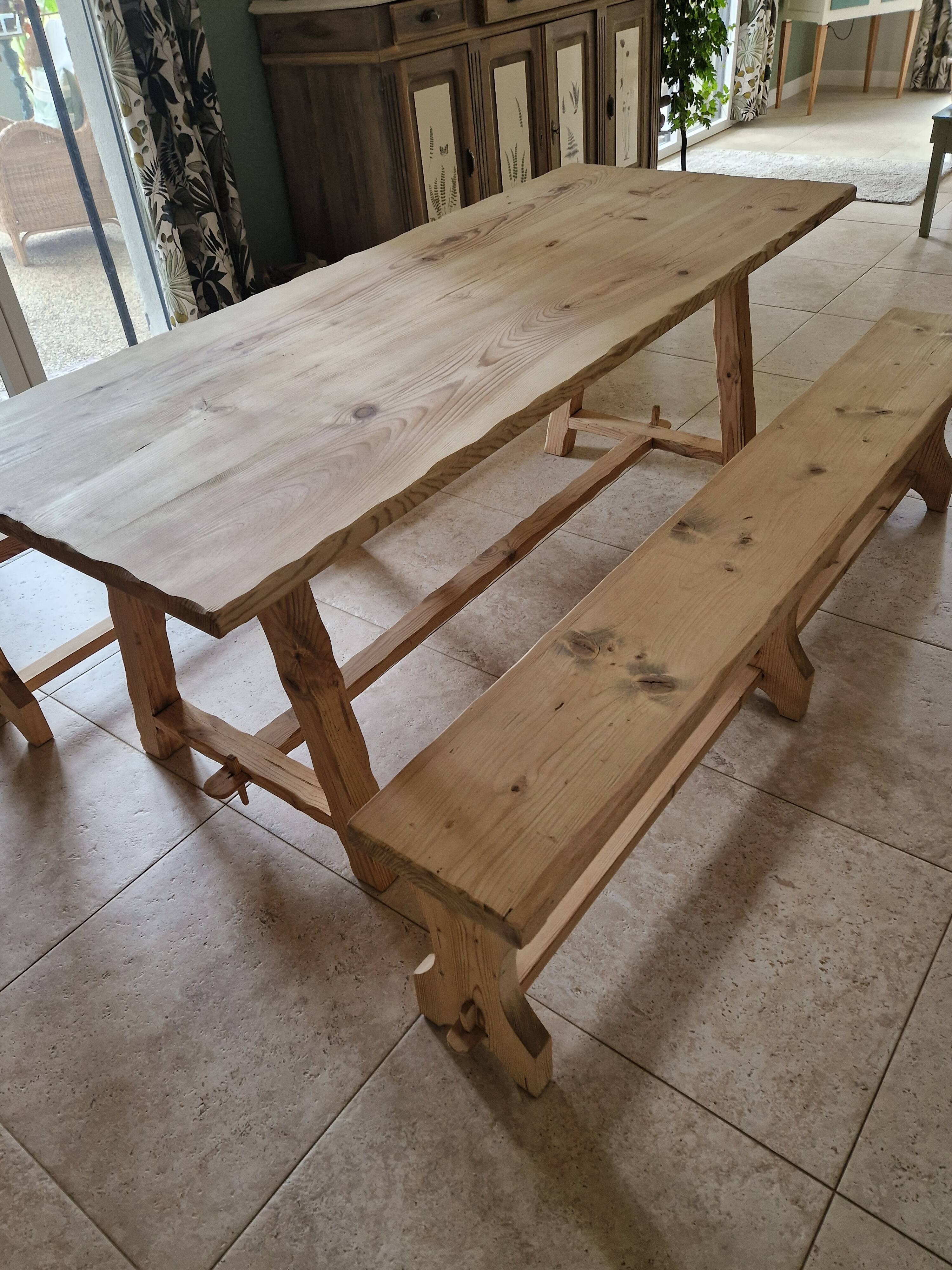 farm table and wooden benches