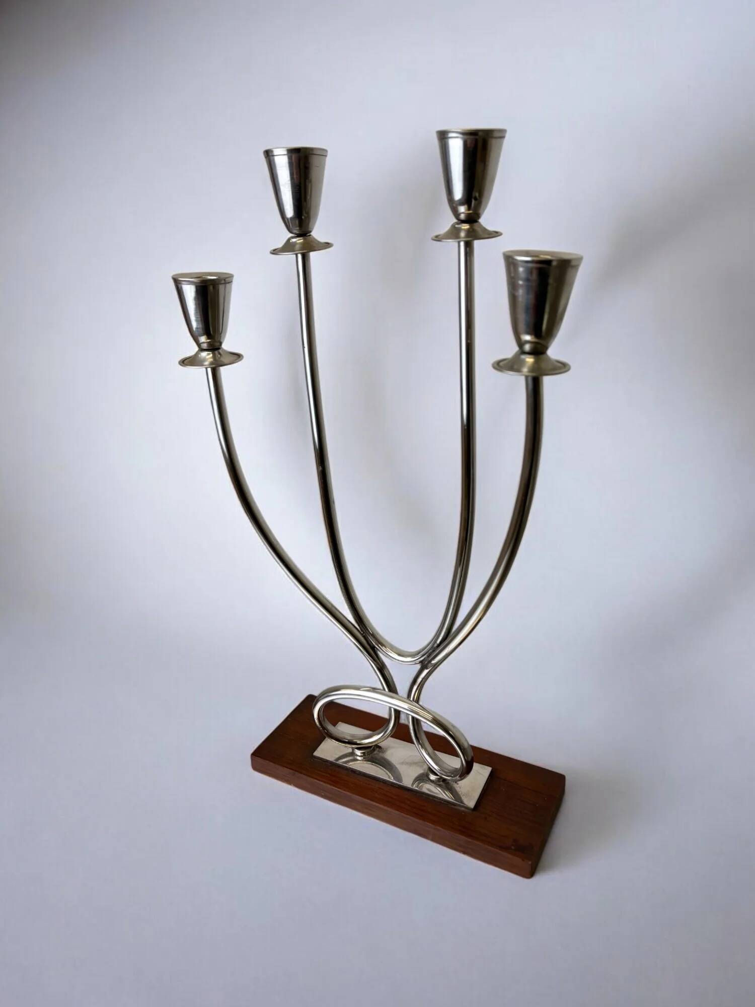 Art deco candlestick in stainless steel and rosewood, 4 flames, Spain, 1970s