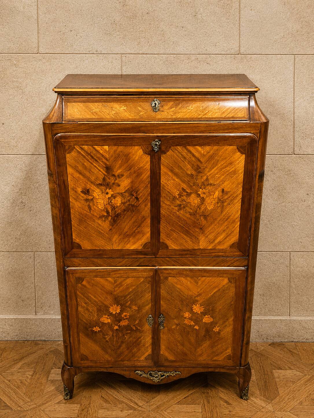 Marquetry drop-leaf secretary in Louis XV style circa 1900.
