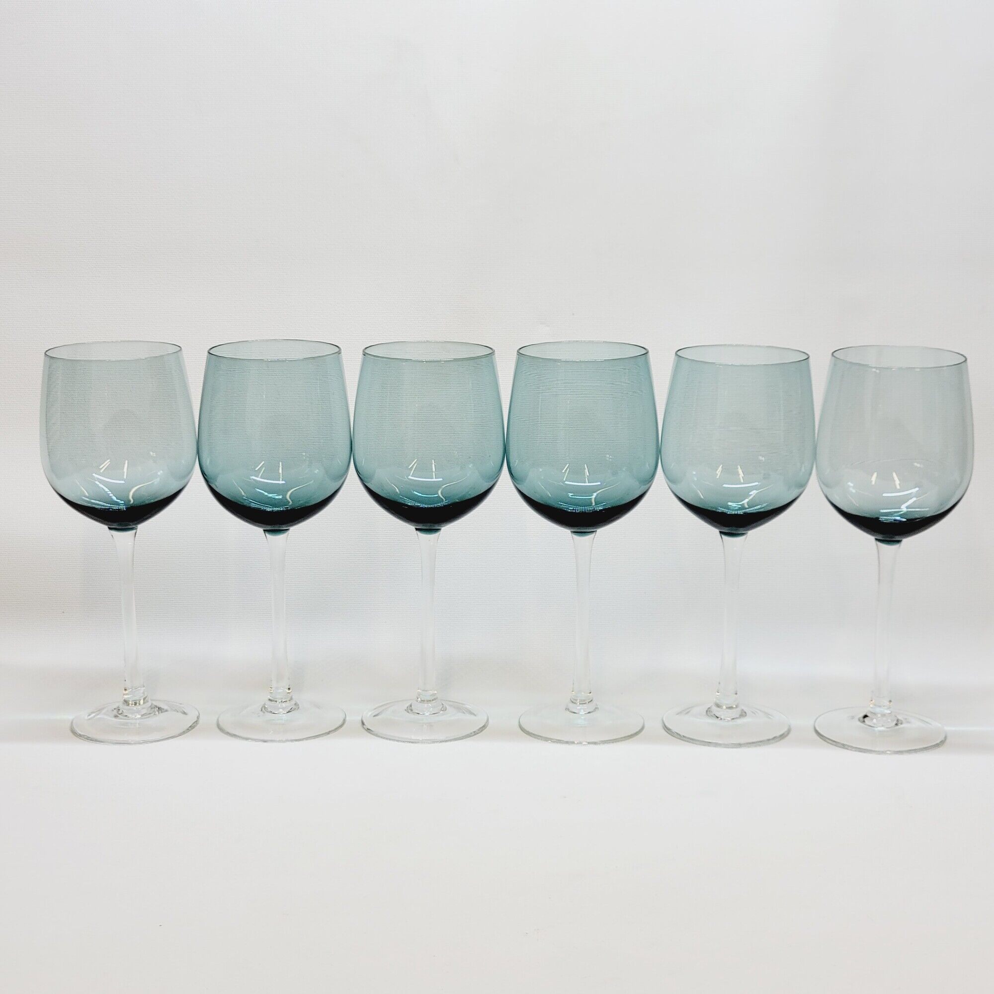 6 Large Wine or Water Balloon Glasses in Petrol Blue Color Blown Glass