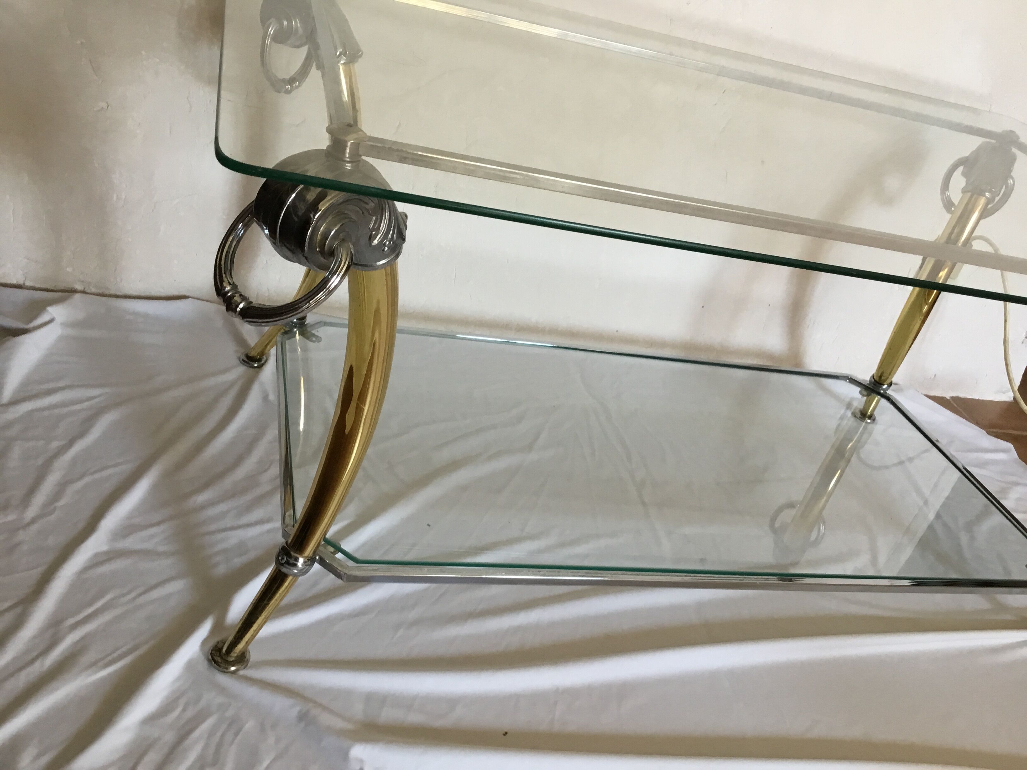 Table basse vintage chrome et dorée design 70-80